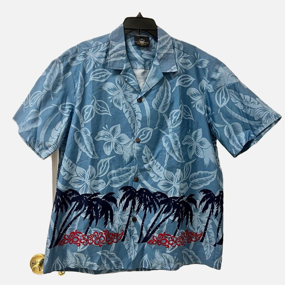 Royal Creation Blue Floral Palm Tree Hawaiian Short Sleeve Shirt Size XL